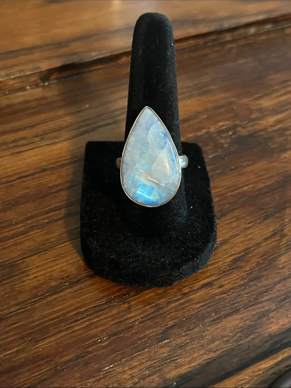 Sterling Silver Teardrop Moonstone Ring in Iridescent Blue